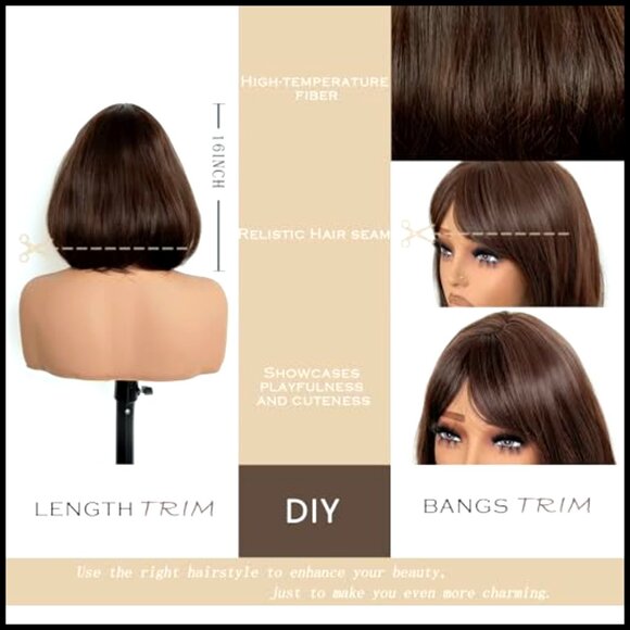 Synthetic Bob Wig with Bangs Shoulder Length Heat Resistant Natural Looking main image 4